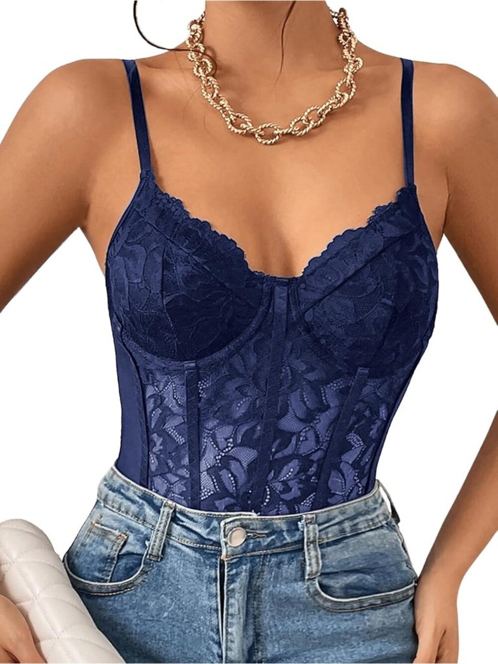 Women's Navy Underwire Sheer Mesh Bustier Spaghetti Bodysuit Lace Corset Top
